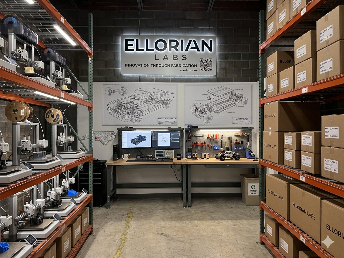 The Ellorian Labs workshop — branded sign, blueprints, workbench, 3D printers, and shelving